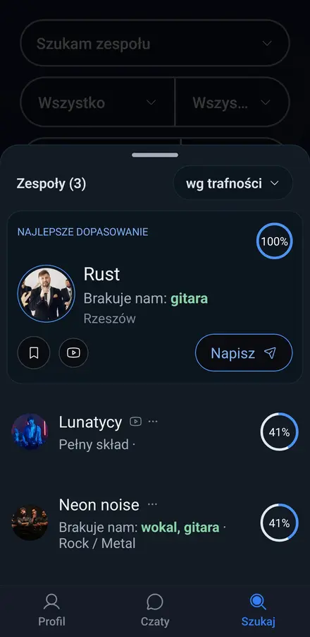 Lista zespołów z procentem dopasowania — najlepszy wynik 100%