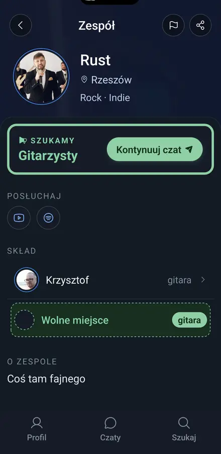 Profil zespołu z ogłoszeniem „Szukamy gitarzysty
