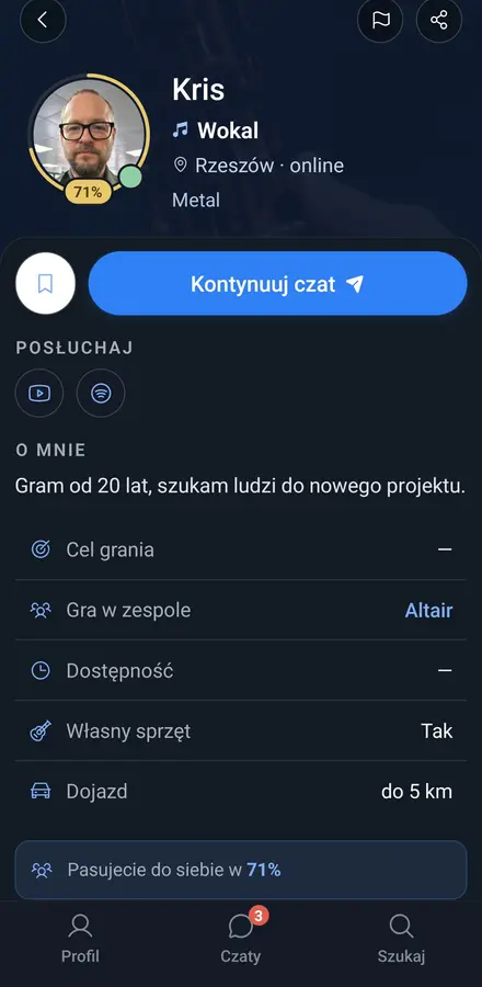 Profil muzyka — wokal, miasto, nagrania i procent dopasowania