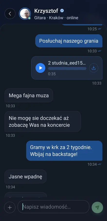 Czat z muzykiem — wysłana demówka audio i umawianie na koncert