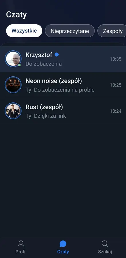 Lista rozmów — czaty z muzykami i grupowe czaty zespołów